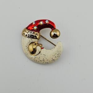 AAI Santa Hat Moon Brooch Pin Christmas Magic Celestial Glitter Enamel Vintage